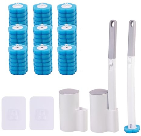 Juego de 2 cepillos de inodoro desechables con montaje en pared, incluye 54 esponjas de repuesto de limpiador, 2 soportes para escobillas, juego de escobillas de inodoro en color azul