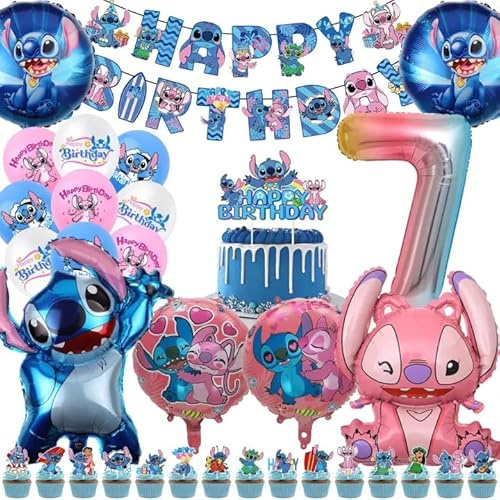 42 Stück Geburtstags Deko,7 Jahre Luftballons Deko, Geburtstagsdeko, Party Supplies Set Enthalten Banner, Cake Topper, Luftballons, Foil Balloons, Deko für Kinder Geeignet