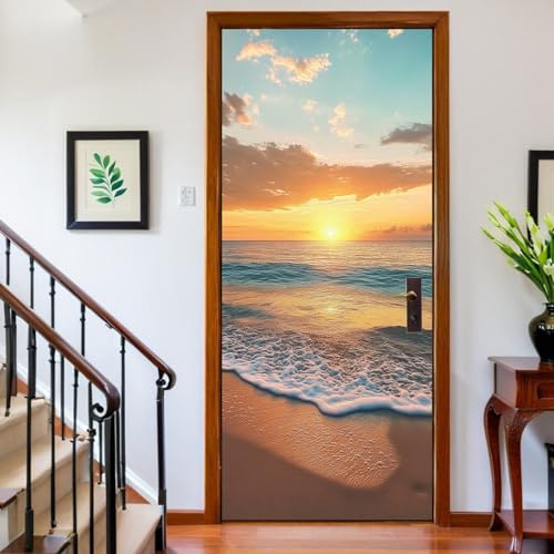 Türtapete selbstklebend Türposter Sonnenuntergang Am Strand Fototapete Türfolie 77 x 200 cm Gold 3D Türaufkleber DIY Türbild