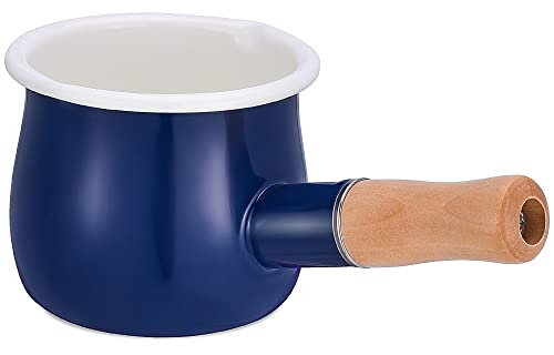 YumCute Home Olla de leche esmaltada, cacerola esmaltada pequeña, calentador de mantequilla de 4 pulgadas, 17 onzas, sartén pequeña esmaltada con mango de madera, tamaño perfecto para calentar