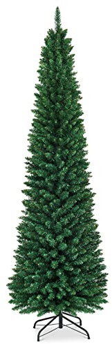 GYMAX 5FT 6FT 7FT 8FT Green Pencil Slim Christmas Tree, Artificial Traditional Xmas Tree, Indoor Outdoor Christmas Decoration (240 cm/8 ft)