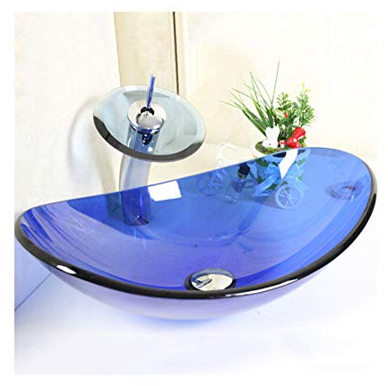 HomeLava Modern Blau Oval Glas Waschbecken mit Wasserfall Armatur,Ablaufgarnitur, Montagering