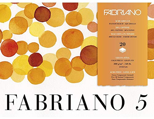 Honsell 19100260 - Fabriano Disegno 5 hochwertiger Bütten - Aquarellkarton, naturweiß, Feinkorn, 300 g/m², 31 x 41 cm, 20 Blatt, Block 4 seitig geleimt, chlor- und säurefrei