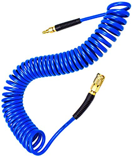 YOTOO Polyurethane Recoil Air Hose, Air Compressor Hose 1/4 Inner Diameter by 25' Long with Bend Restrictor, 1/4 Industrial Quick Coupler and Plug, Blue