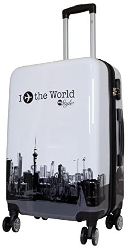 Polycarbonat Hartschalen Koffer Trolley Reisekoffer Reisetrolley Handgepäck Boardcase Motiv PM (Fly The World White, Größe L)