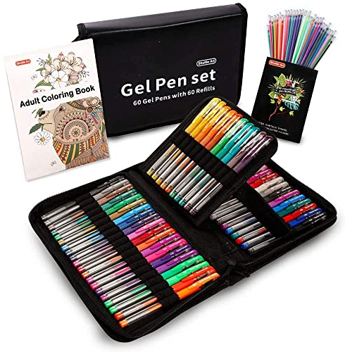 Shuttle Art 120 teiliges Gelstifte Set, 60 bunte Gel Stifte mit 60 Ersatzminen in Tragetasche, mit Malbuch für Erwachsene, Glitzer, Neon, Pastell, Metallic, Glitzerstifte für Mädchen Kinder