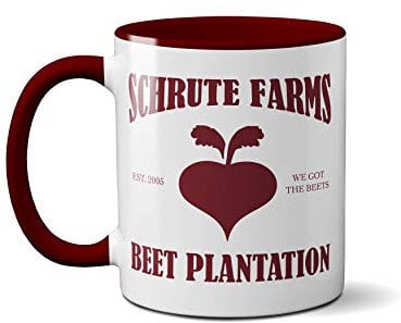 Schrute Farms Mug- The Office US Funny Novelty Gift Present Dwight TV Shows Idea Heavy Duty Handle Dishwasher and Microwave Safe Birthday Christmas Coffee (Boardeaux Red Handle)