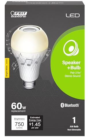 Feit Electric A19 LED Speaker Light Bulb, 60W Equivalent Built-in Speaker IntelliBulb, E26 Medium Base, 750 Lumens, 3000K Bright White - BTOM60830LEDI
