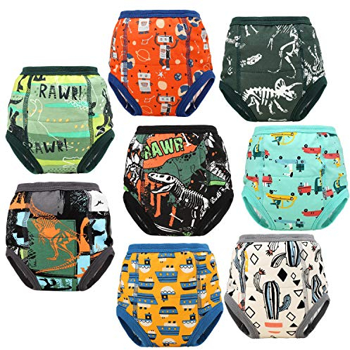 FLYISH DIRECT Cotton Potty Training Pants for Boys, Green Dinosaur Cartoon, 8 Packs, 5 Years