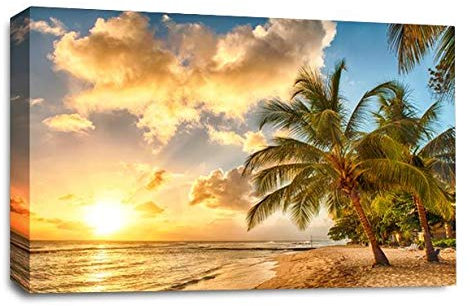 LR Sunset Beach Tropical Wall Art Picture Island Palm Tree Framed Canvas Panel Print Ready to Hang