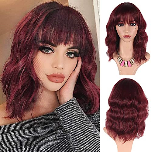 Greenmirr Rote Short BOB Wellige Perücken mit Pony Hitzebeständiges Kunsthaar 14in (Red)