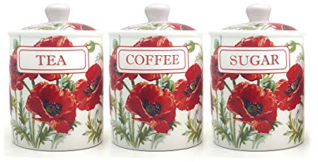 POPPY STEM FINE CHINA TEA COFFEE SUGAR CANISTERS/JARS NAME ONLY FREE UK DELIVERY