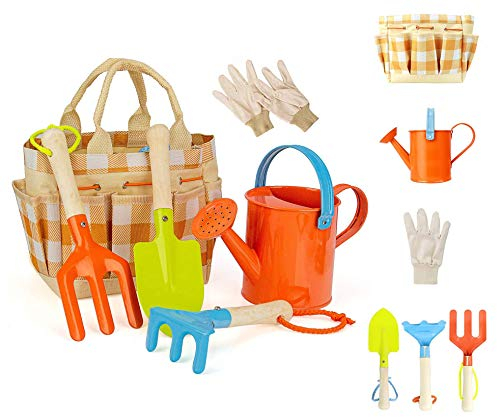 Evelure Gartenwerkzeug-Set für Kinder, Gartenwerkzeug-Set 6-teilig für Kinder mit Gießkanne, Gartenhandschuhe, Schaufel, Harke, Kelle (Grid)
