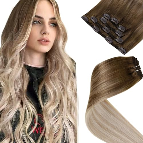 LaaVoo Clip in Extensions Echthaar Balayage 30cm Remy Clip in Haarverlängerung Echthaar Extensions Clip in Ombre Braun zu Aschblond mit Platinblond Clip Extensions Echthaar 70G/5Stück