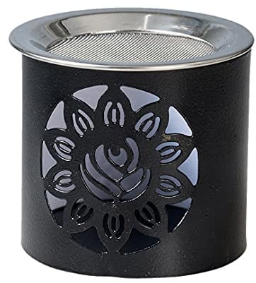 NKlaus Räucherstövchen mit Sieb für Weihrauch, Eisen Schwarz, 1 Stück | Matt gearbeitet; Höhe 6 cm, Außendurchmesser 7 cm, mit eingravierter Blume