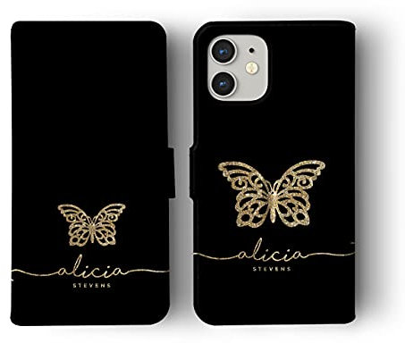 Tirita Personalised Leather Flip Wallet Phone Case with Card Holder Compatible with iPhone 11 [14 - Gold Bling Butterfly Black]