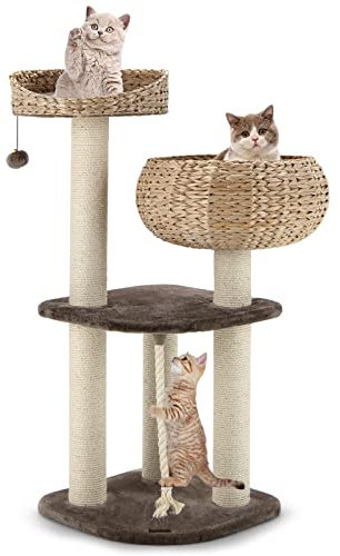 PETSITE 41 Tall Modern Cat Tree Tower, Rattan Cat Activity Tree w/Perch, Scratching Posts & Removable Cushions, Multi-Layer Cat Tower for Indoor Cats