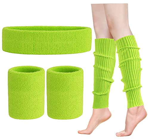 ONUPGO Beinlinge Set Damen 80er Neon Strick Beinlinge Stirnband Armbänder 1980er Jahre Workout Kostüme Zubehör für Frauen (Neon Green)