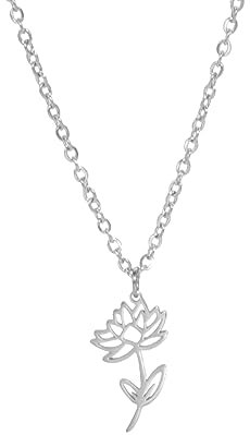kkjoy Edelstahl Geburtsmonat Blume Halskette für Frauen und Mädchen, Silber, 45 cm + 5 cm Verlängerung, Für jeden Anlass geeignet