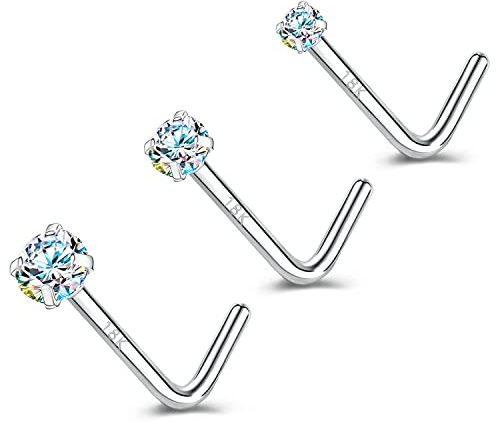 ZS Or Véritable 18 Carats 20G Piercing Nez pour Femmes Hommes, 1.5mm 2mm 3mm Diamant Simulé, 7mm Anneaux Nez Stud Bijoux de Corps (Forme de L,AB Blanc)