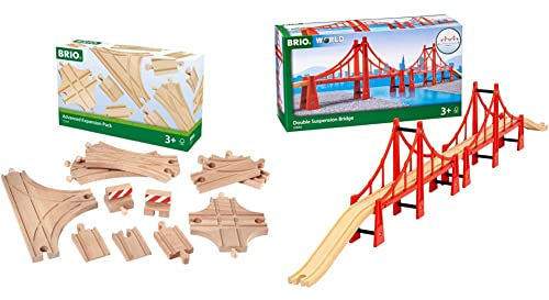 BRIO World 33307 Schienen- und Weichensortiment - 11 Weichen aus Buchenholz für die BRIO Holzeisenbahn - Empfohlen & World 33683 Hängebrücke – Eisenbahnzubehör für die BRIO Holzeisenbahn