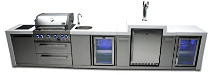 Mont Alpi MAi400-DKEGBEVFC 32-Inch 4-Burner 78000 BTU Deluxe Island Outdoor Kitchen Bar Gas Grill w/ 3 Beer Tap Kegerator Keg Dispenser + Wine Cooler Beverage Center Refrigerator & Granite Countertops
