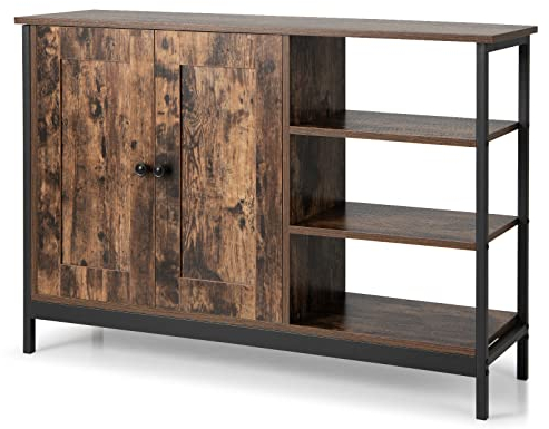 TANGZON Industrial Storage Cabinet, Steel Frame 1/2-Door Sideboard with Adjustable Shelf & 3 Open Shelves, Wooden Display Cupboard Organiser for Home Kitchen Living Room Hallway (2 Door, 110x33x75cm)