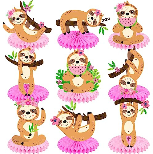 9 x Faultier-Waben-Mittelstücke, Dekorationen, Faultier-Geburtstagsparty-Dekorationen, Faultier-Thema, Tischdekoration für Mädchen, Tier-Faultiere, Geburtstagsparty, Babyparty, Hochzeitszubehör