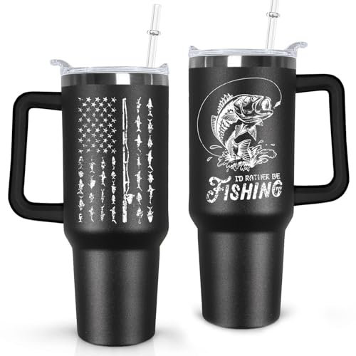 Ceovfoi 40 oz Black Stainless Steel Tumbler With Handle, Fishing Gifts for Men, American Flag Patriotic Cup