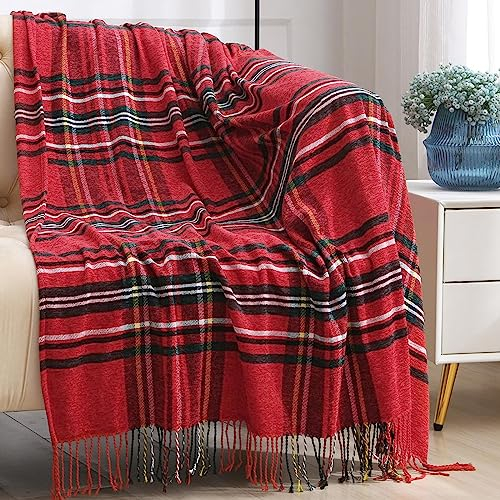 Jemsia Couverture avec pompons pour canapé, lit, voiture, voyage, confortable, motif tartan rouge, 127 x 152 cm