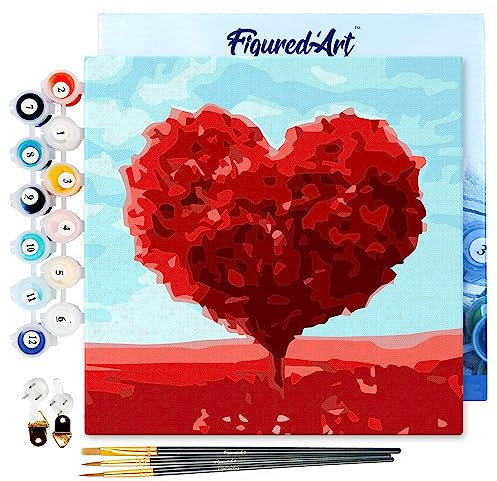 Figured'Art Mini Peinture par Numéro Adulte 20x20cm avec cadre Arbre rouge Coeur - Petit Format Kit de Loisir Créatif DIY Numéro d'Art Complet
