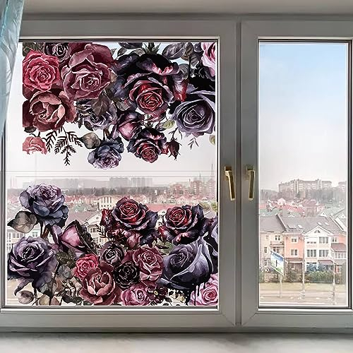 GORGECRAFT 118x39cm Große Rosen-Fensteraufkleber Dunkle Rosen Blumen-Fensteraufkleber Halloween-Dekorationen Klebende Tief Gebeizte Statische Aufkleber Blumenblatt-Aufkleber Für Glasschiebetüren