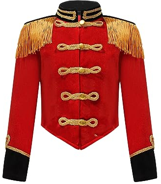 Yeahdor Kids Girls Ringmaster Circus Costume Drum Majorette Performance Top Long Sleeve Tassel Jacket Halloween Costume Red 11-12 Years