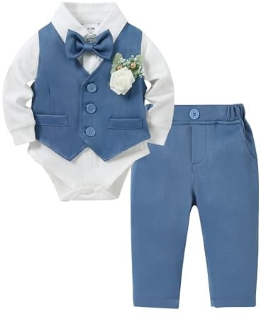 ZOEREA Baby Jungen Gentleman Anzug 0-18 Monate, Kleinkind Hochzeit Taufe Festliche Langarm Strampler Hemd + Fliege + Weste + Korsage + Hosenträge