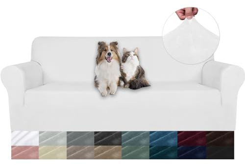 YSTELLAA Samt Sofa Überzug 3 Sitzer, Stretch Sofabezug, Sofaschoner rutschfest, Elastischer Couch Überzug, Sofa Cover Mit Armlehnen, Couchüberzüge Sofaschutz Katze, Weiß
