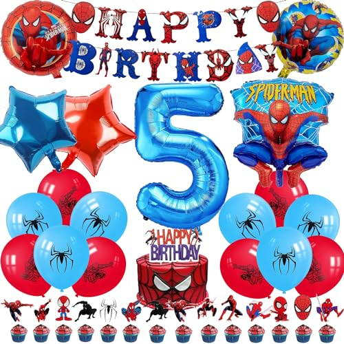 Spider Luftballon Geburtstag Deko 5 Jahre Jungen- Spider Girlande Geburtstagsdeko 5 Jahr Spider Ballon Deko 5. Geburtstag Folienballons Happy Birthday Banner Tortendeko für Kindergeburtstag Party Deko