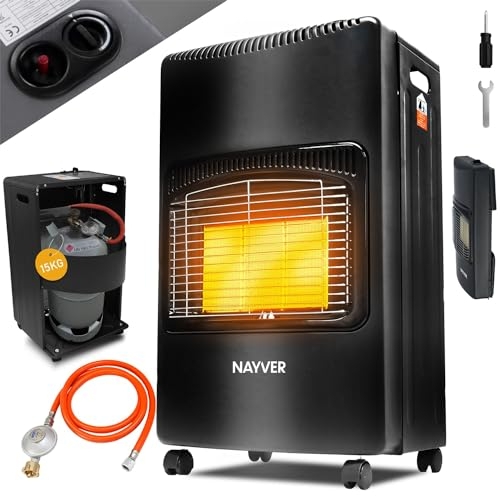 NAYVER® 4200 Watt Heizstrahler - Gasofen/Keramik Gasheizer inkl. Gasdruckregler Gasschlauch/Infrarot Keramikbrenner/Gasheizer Butan- oder Propangasflaschen bis 15kg (Schwarz) (Schwarz)