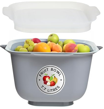 Premier Housewares Sturdy Three Pc Fresh Cut Fruit Bowl, Airtight Seal Plastic Serving Bowl With Lid For Kitchen, Frosted Lid Plastic Fruit Bowl
