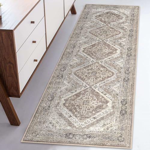 KUTA Orientalischer waschbarer Läufer, Teppichläufer, rutschfest, Vintage, Elfenbein, 1,5 m, für Flur, Küche, Flur, Küche, Teppich, ultraweicher Druck, Used-Look, Tribal-Bodenteppich, Läufer für