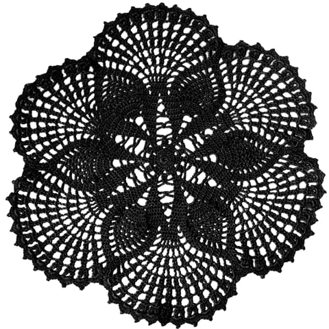 BOMHCS Handgefertigte Häkelspitzen-Deckchen, 38,1 cm bis 43,2 cm, rund, 6 Blütenblätter, Untersetzer, Vintage-Deckchen, Vasen, Tassenmatten (1, schwarz)
