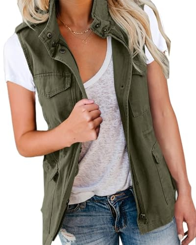 Imily Bela Chaleco cargo sin mangas para mujer, parka de entretiempo, chaqueta corta con bolsillos y cordón, chaleco de primavera y verano, ropa exterior, Verde militar., M