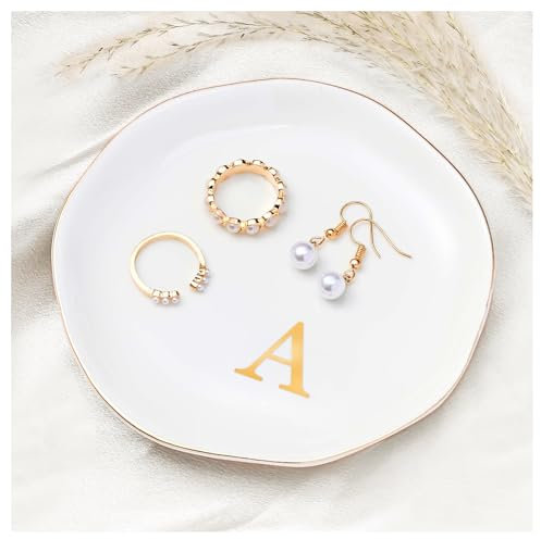 Procase Bandeja para Joyas, Organizador Plato de Cerámica con Monograma de Joyería Guardar y Exhibir Joyas Pendientes Anillos Pulseras y Collares -A