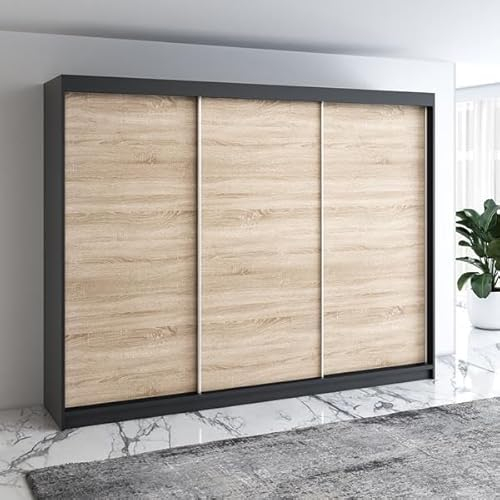 A&J MöbelLand Moderne 3-türiger Kleiderschrank mit Schwebetüren und 4 Schubladen, 200 cm, Weiß (Schwarz/Sonoma)