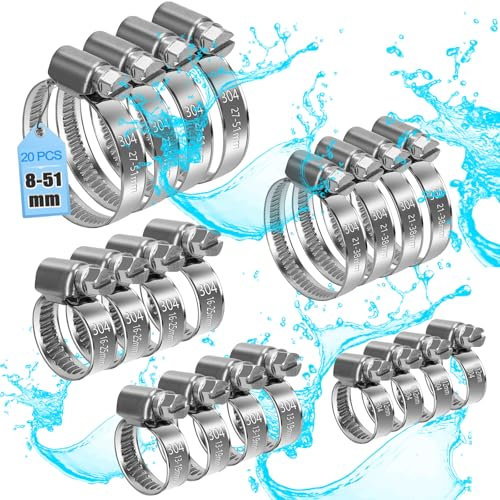 moveland Lot de 20 colliers de serrage 8-51 mm - En acier inoxydable 304 - Colliers de serrage réglables - N'endommage pas le tuyau - Pour jardin, piscine, machine à laver, étang