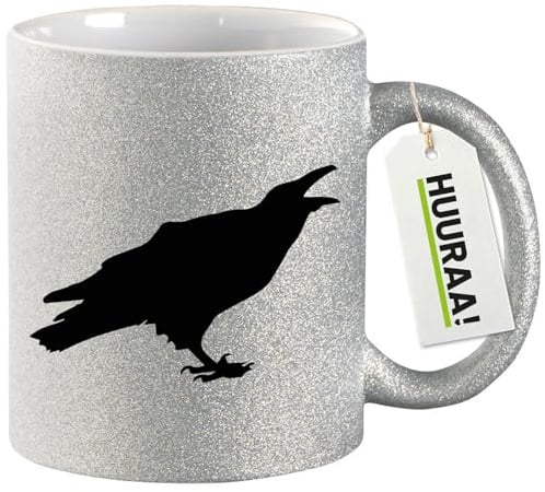 Huuraa Glitzertasse Rabe Silhouette Geschenk | Motivtasse 330ml Glitzer Tasse mit Spruch Silber Keramik Kaffeebecher Geschenkidee Silver Glitter Becher mit Motiv