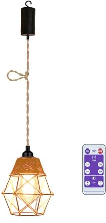 YIKEGE LICHT Boho Hanging Lamp with Battery Rattan Lamp Battery Ceiling Light Without Power Connection Outdoor Lamps Battery Operated Ceiling Light Pendant Light Bulb Basket Lampshade
