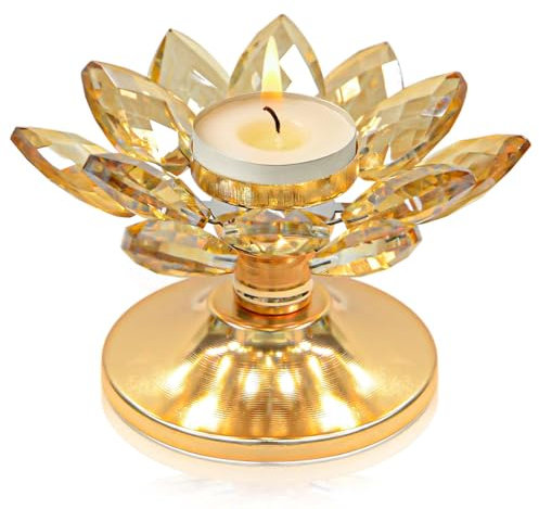 1 PC Gold Crystal Flower Tea Light Holder, Glass Tealight Candlestick with Metal Base, Votive Candle for Table Centerpiece, Wedding/Parties Decor, Nice Gift
