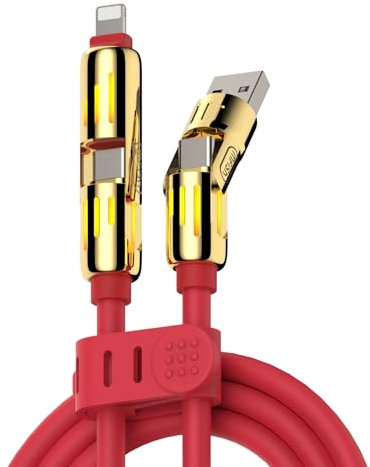 MFish 4-in-1 Universal Multi USB Charging Cable – 240W Max Fast Charger Cord with Multiple Connectors for iPhone 16/15/14/13, iPad, Samsung, MacBook, Tablets & More (Red, 6.6Ft)