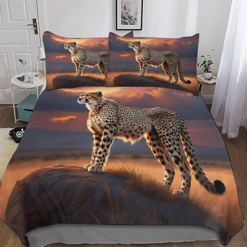 AAPZY Gepard Bettwäsche Premium Atmungsaktive Angenehme Bettbezüge, Mit Reißverschluss Bettdeckenbezug, 3teilig Bettbezug + Kissenbezug Double (200x200cm)