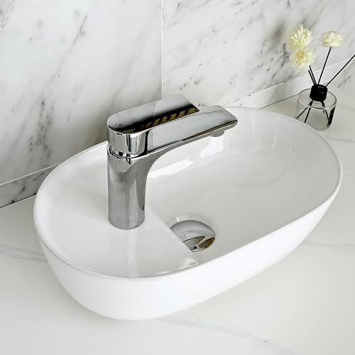NUESTRA VIDA Waschbecken Klein, Oval Aufsatzwaschbecken mit Hahnloch Seitliches, Mini Waschbecken Keramik, Handwaschbecken Bad Waschplatz Badezimmer, Waschtisch Gäste WC 42 x 26 x 13,5 cm